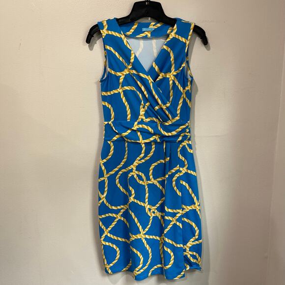 McLaughlin Blue Yellow Rope Print Wrap Dress Old Money Preppy Sz XS - Picture 1 of 10